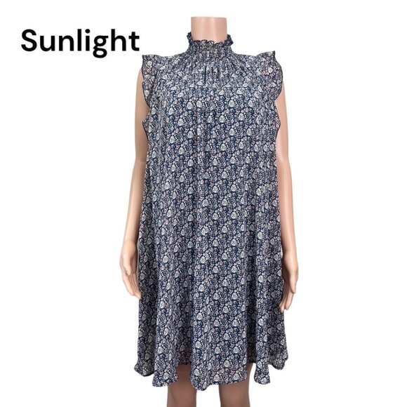 CODE X MODE Dresses & Skirts - CODExMODE Women SZ M Navy Blue Floral A Line Knee Lenght Dress High Neck Chiffon